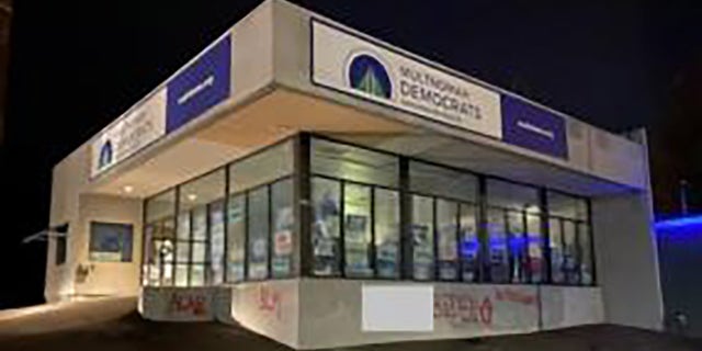 The Multnomah County Democrats building in Portland was left vandalized Sunday by a group of members appearing to identify as Antifa. (Portland Police Bureau)