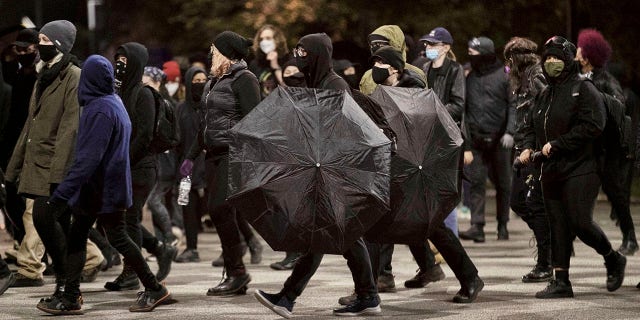 Multiple people were arrested in North Carolina’s capital city when the crowd of protesters marching on Election Day began throwing rocks and other items during the demonstration, police said. (Robert Willett/The News & Observer via AP)