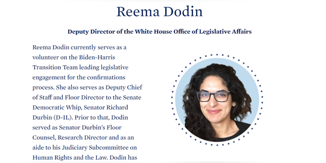 The interim website of President-elect Joe Biden includes a page for Reema Dodin. Snapshot