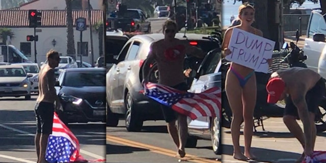 Police in California were on the hunt for a Santa Barbara beachgoer accused of battering a Trump supporter Saturday who was seen alongside a bikini-clad woman carrying a sign reading “Dump Trump.”