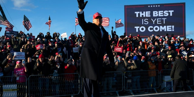 President Donald Trump walks off stage after speaking during a campaign rally at Wilkes-Barre Scranton International Airport, Monday, Nov. 2, 2020, in Avoca, Pa. (AP Photo/Evan Vucci)