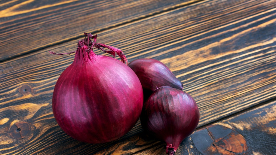 Red onions on a table 