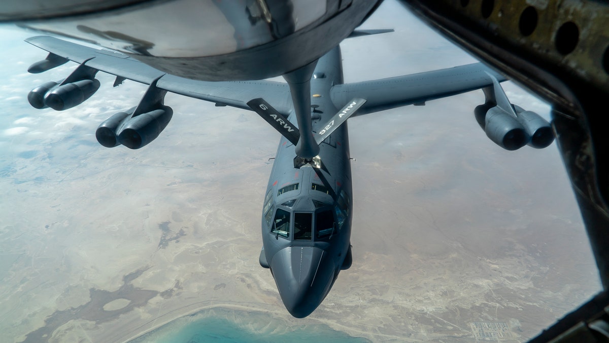 A U.S. Air Force B-52 from Minot Air Force Base is aerial refueled by a KC-135 Stratotanker over the U.S. Central Command area of responsibility on Dec. 30. (U.S. Air Force photo by Senior Airman Roslyn Ward)