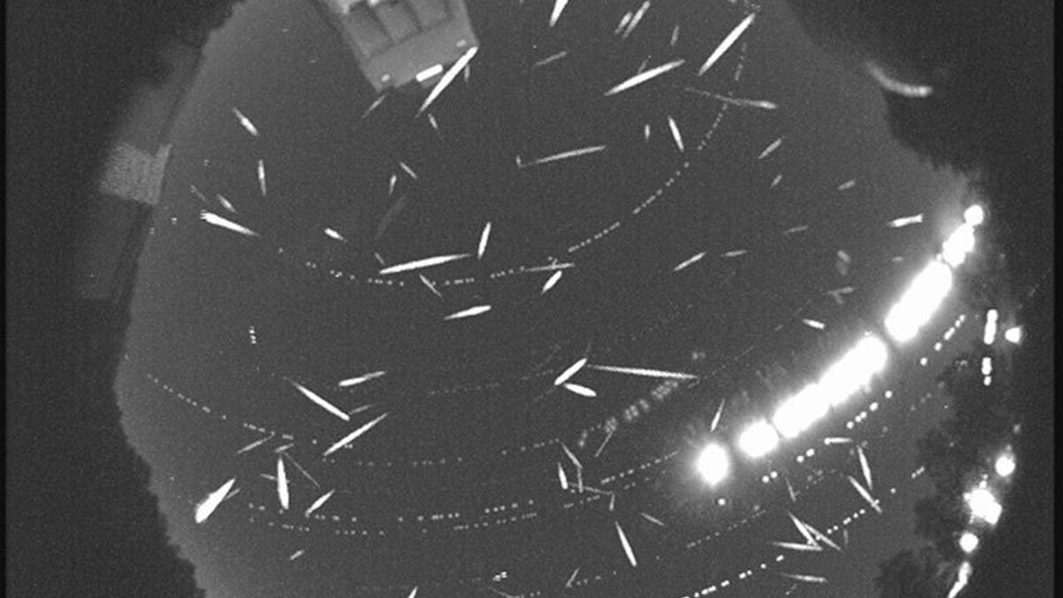 Over 100 meteors are recorded in this composite image taken during the peak of the Geminid meteor shower in 2014. (NASA/MSFC/Danielle Moser, NASA's Meteoroid Environment Office)