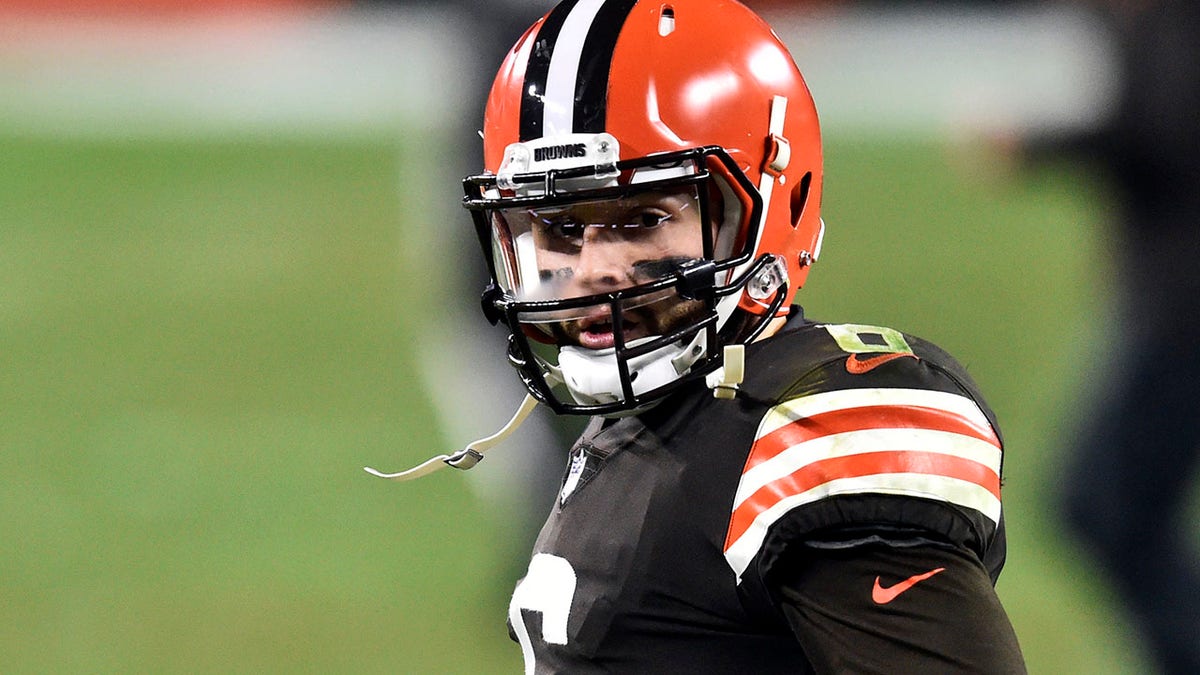 Cleveland Browns quarterback Baker Mayfield reacts after the Baltimore Ravens defeated the Browns 47-42 during an NFL football game, Monday, Dec. 14, 2020, in Cleveland. (AP Photo/David Richard)