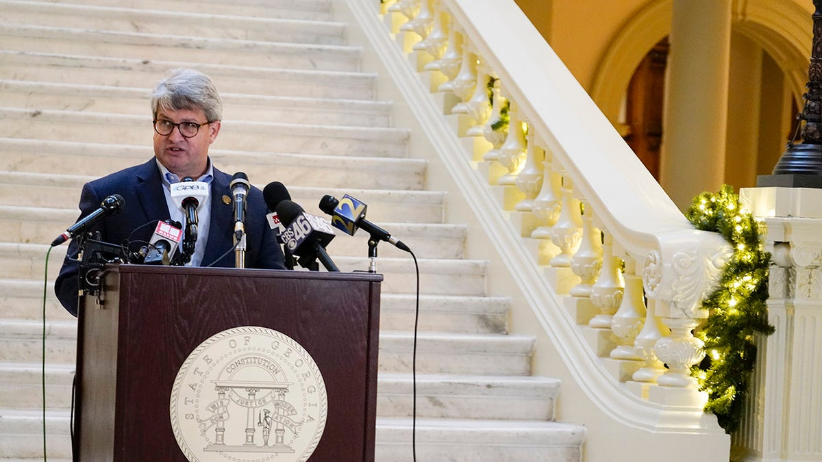 Gabriel Sterling, a top Georgia elections official speaks on Monday, Nov. 30, 2020, during a news conference in Atlanta. On Tuesday Dec. 1, 2020, Sterling called on President Donald Trump to condemn supporters who have threatened violence against election officials. (AP Photo/Brynn Anderson)