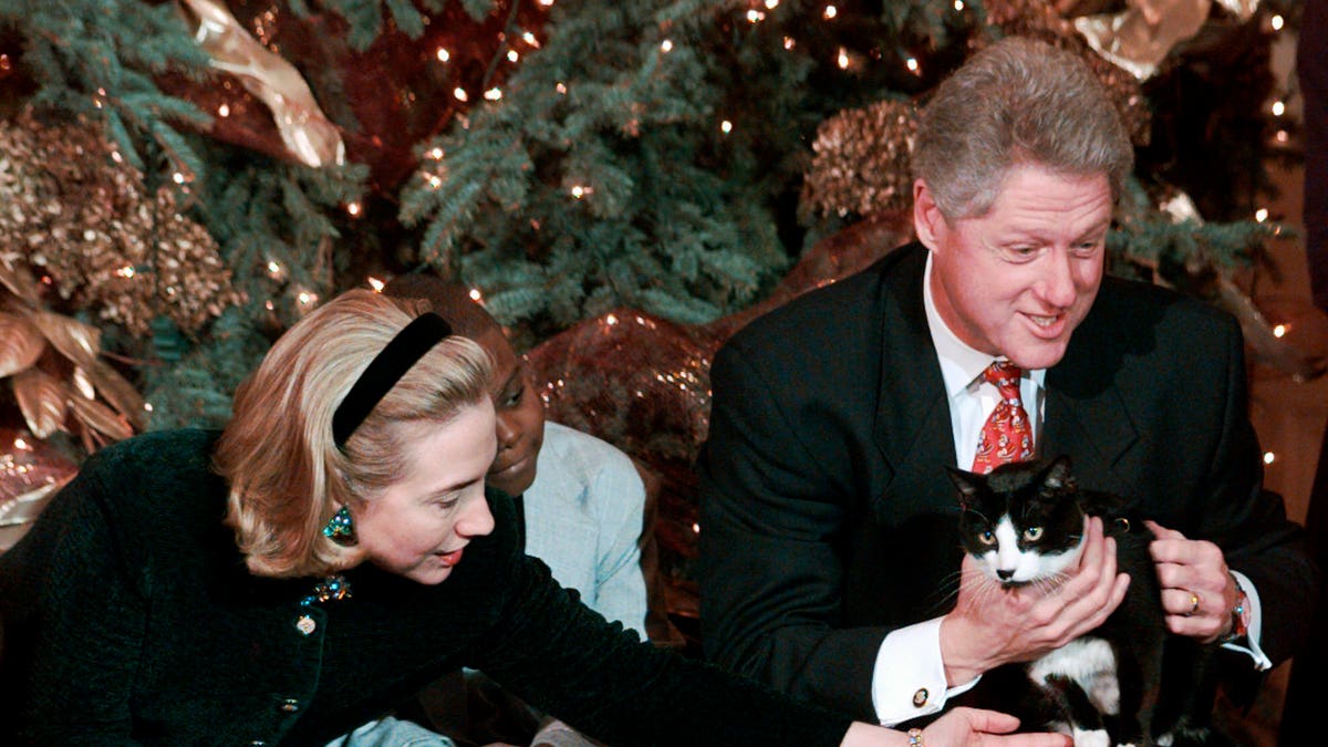 President Clinton holds Socks the cat as he and first lady Hillary Clinton host Washington area elementary school children at the White House on Dec. 20, 1996. (AP Photo/Ruth Fremson, File)