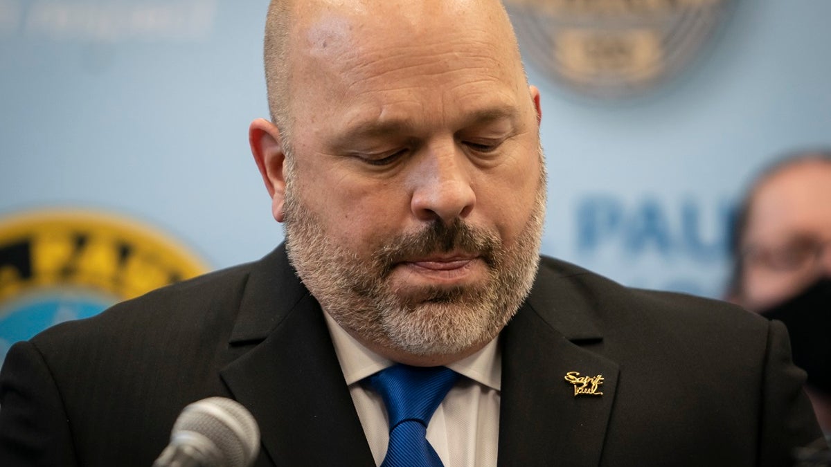 St. Paul Police Chief Todd Axtell looked visibly upset Tuesday as he spoke at a press conference about a shooting by a police officer last weekend in St. Paul, Minn. (Renee Jones Schneider/Star Tribune via AP)
