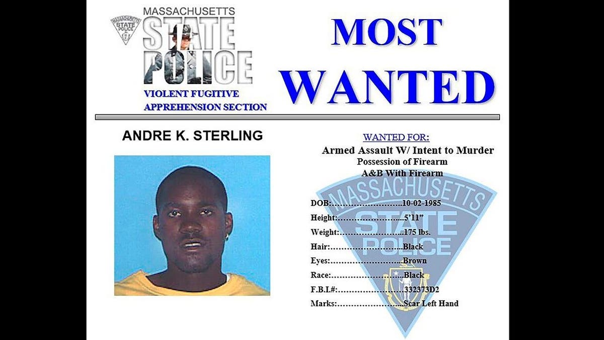 This poster, from the Massachusetts State Police Twitter page, posted Nov. 24, 2020, shows Andre K. Sterling. Sterling, a suspect in the shooting of a state trooper in Massachusetts, was killed during a shootout with U.S. marshals in the Bronx borough of New York early Friday, Dec. 4, 2020. (Massachusetts State Police via AP)