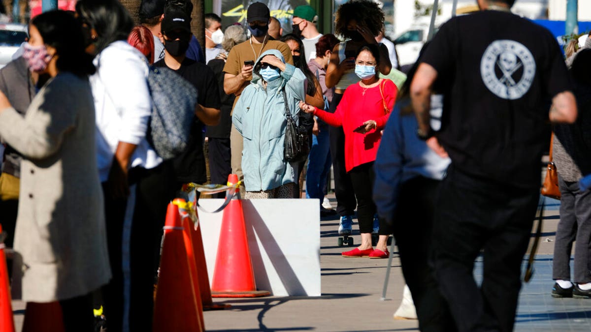 People wait in line to be tested for COVID-19 at a testing site in the North Hollywood section of Los Angeles on Saturday, Dec. 5, 2020. 