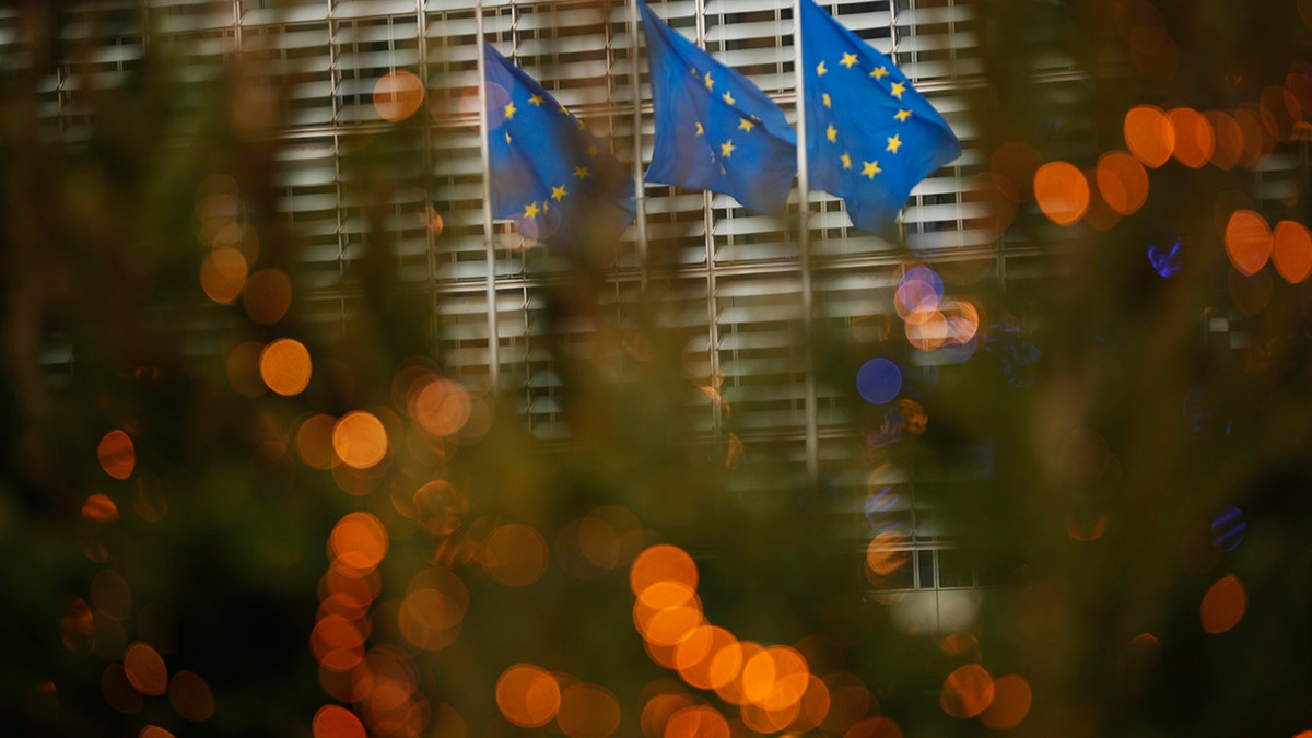 European Union flags flutter in the wind prior to a meeting of Britain's chief negotiator David Frost and EU chief negotiator Michel Barnier at EU headquarters in Brussels, Sunday, Dec. 6, 2020. Well beyond any imaginable deadline and with all three key issues still unresolved, the European Union and the United Kingdom decided to press on with negotiating a trade deal ahead of an ever-closer Jan. 1 cutoff day. (AP Photo/Francisco Seco)