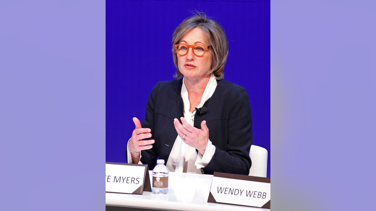 In this May 14, 2018 file photo, Dee Dee Myers, executive vice president at Warner Bros., speaks during a women's forum at the Wynn hotel and casino in Las Vegas. Myers, a former press secretary to President Bill Clinton, became a senior adviser to California Gov. Gavin Newsom on Friday, Dec. 11, 2020, and director of the Governor's Office of Business and Economic Development. (AP Photo/John Locher)