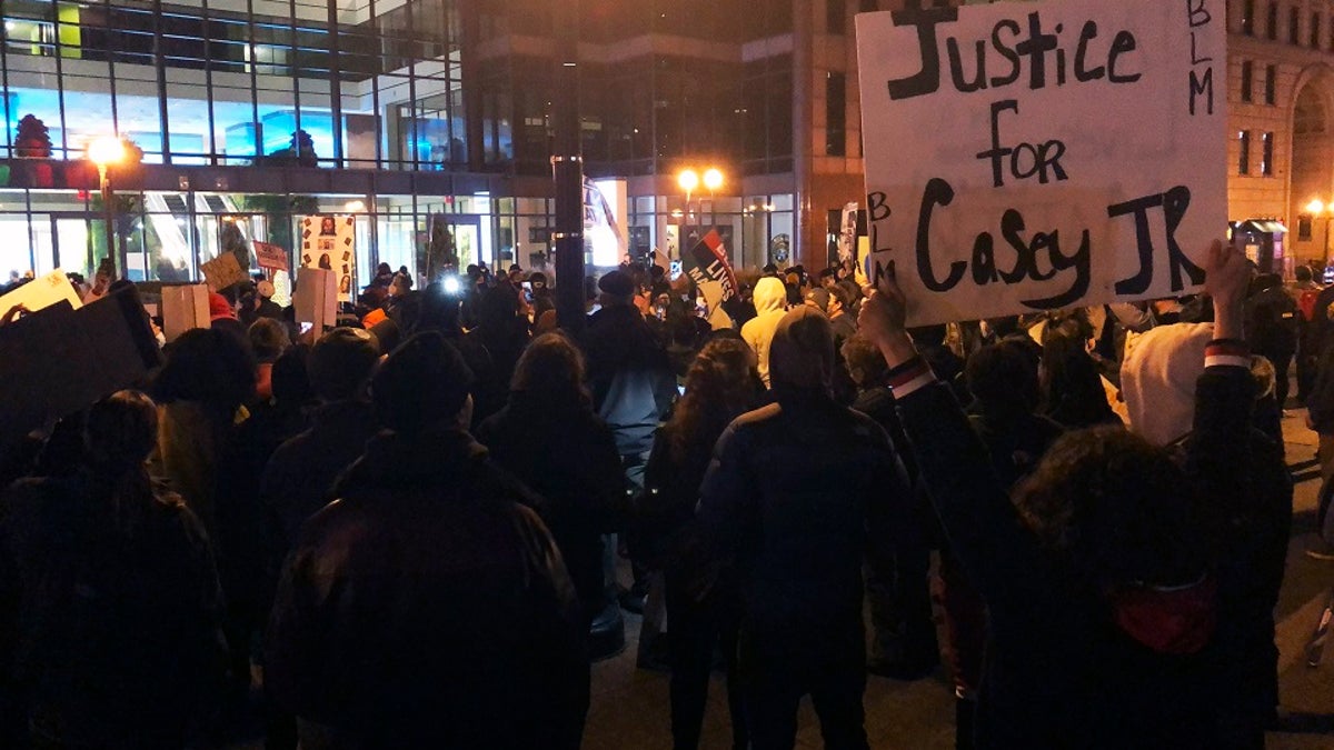 Hundreds of marchers gather in downtown Columbus to protest the Dec. 4 fatal shooting of Casey Goodson Jr., who was Black, by a white Ohio sheriff's deputy. (AP Photo/Andrew Welsh-Huggins)