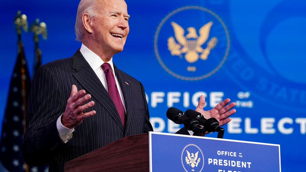 President-elect Joe Biden announces former South Bend, Ind. Mayor Pete Buttigieg as his nominee for transportation secretary during a news conference at The Queen Theater in Wilmington, Del.