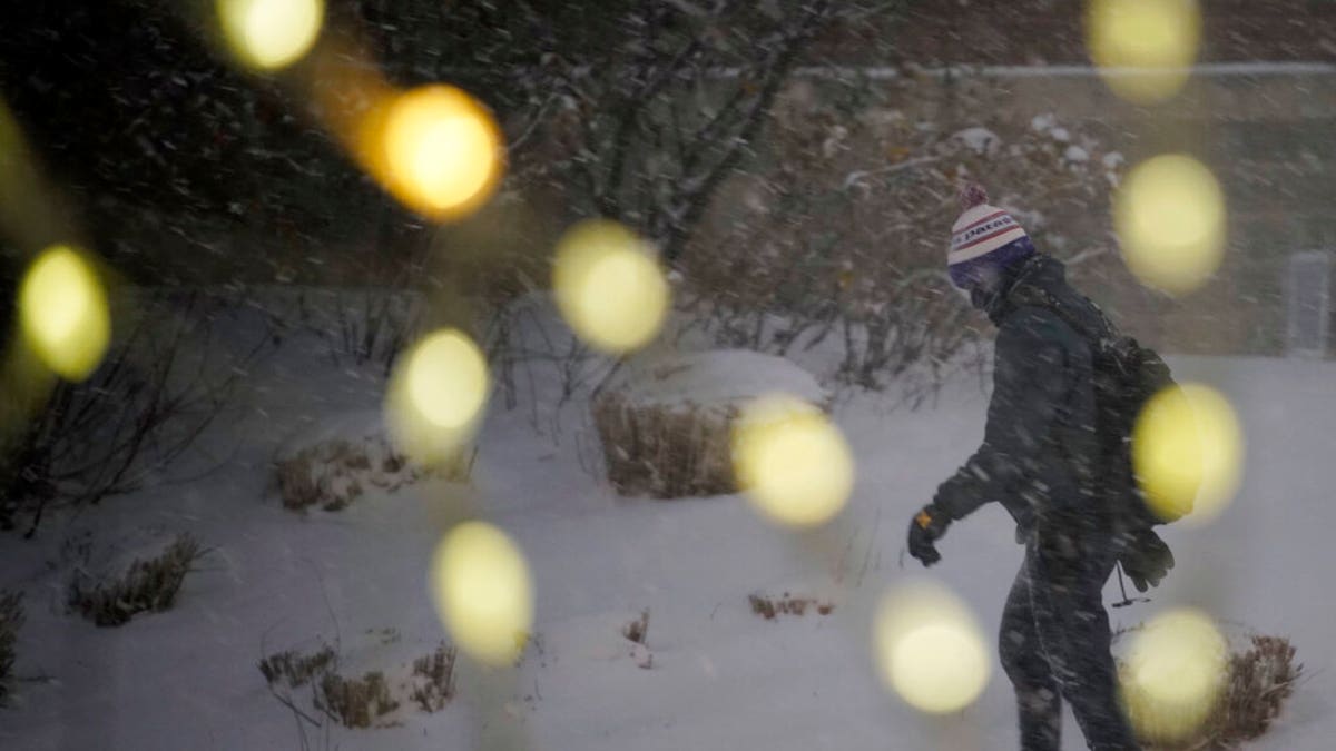 A man walks through the Villanova University campus during a snow storm, Dec. 16, in Villanova, Pa. (AP Photo/Matt Slocum)