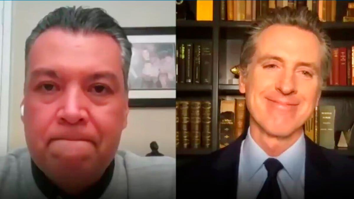 This photo taken from video provided by the Office of the Governor shows California Gov. Gavin Newsom, right during a virtual meeting from his home in Sacramento, Calif., with California Secretary of State Alex Padilla. 