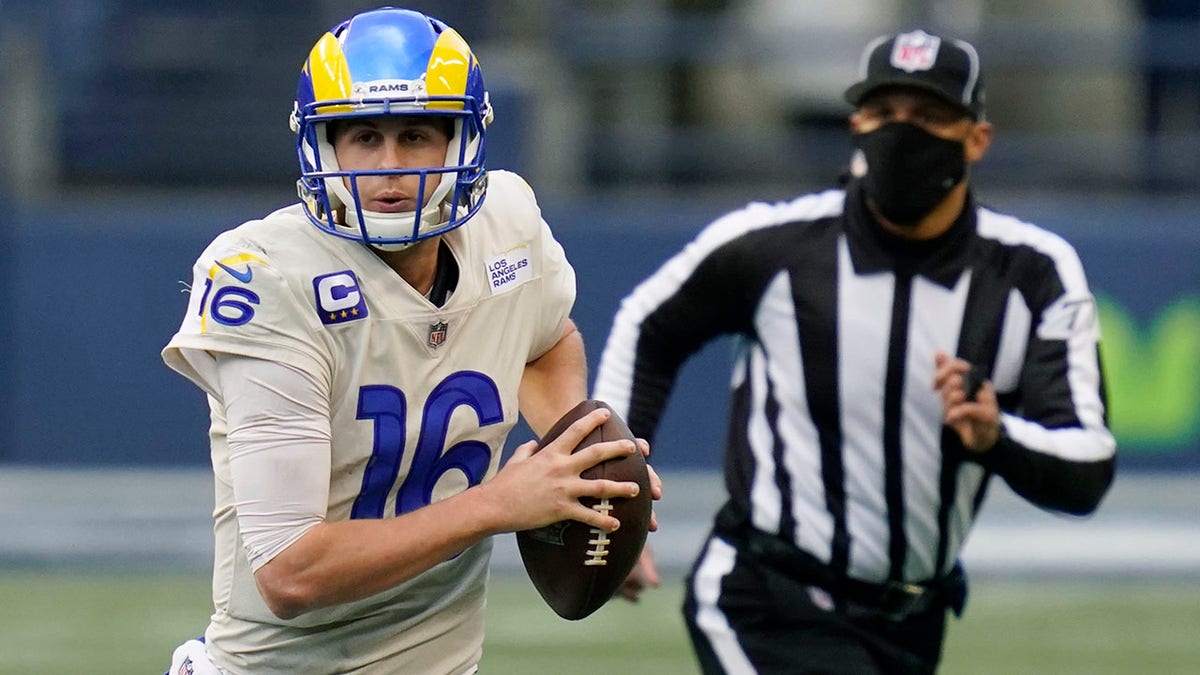 Los Angeles Rams quarterback Jared Goff (16) looks to pass against the Seattle Seahawks during the second half of an NFL football game, Sunday, Dec. 27, 2020, in Seattle.