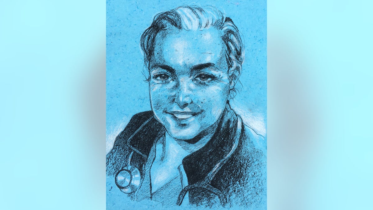 Portrait of family friend and healthcare worker on scrubs paper by Ridge High School senior Aubrey Schoenfeld.