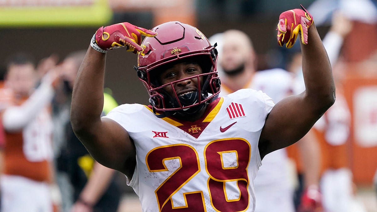 Iowa State running back Breece Hall celebrates the team's win over Texas in an NCAA college football game, Friday, Nov. 27, 2020, in Austin, Texas. (AP Photo/Eric Gay)