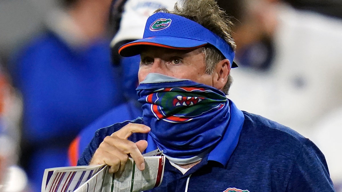 Dan Mullen during a timeout against Georgia on Nov. 7, 2020, in Jacksonville, Florida.