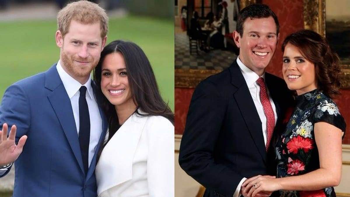 Markle and Prince Harry (L) and Princess Eugenie and Jack Brooksbank (R)