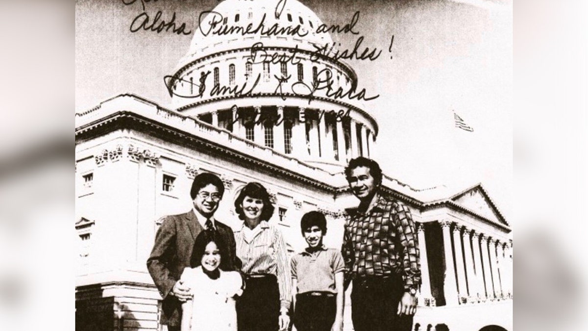 A 10-year-old Kai Kahele is pictured here on a family trip to Washington D.C. with then-Rep. Daniel Akaka, D-Hawaii. Kahele is pictured with his mother Linda, father Gilbert and sister Noelani. Kahele will be just the second native Hawaiian elected to represent Hawaii in Congress after Akaka. (Photo courtesy of Kai Kahele.)
