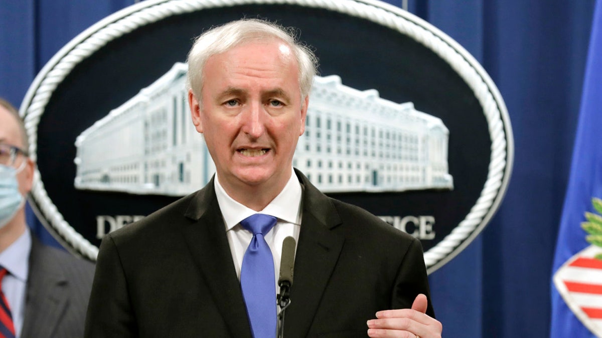 U.S. Deputy Attorney General Jeffrey Rosen holds a news conference to announce the results of the global resolution of criminal and civil investigations with an opioid manufacturer at the Justice Department on Oct. 21, 2020, in Washington, D.C. (Yuri Gripas-Pool/Getty Images)