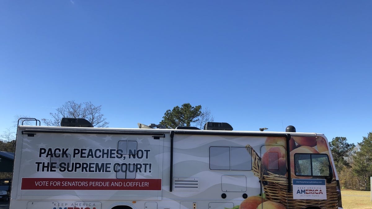 The bus being used for the Keep America America Action Fund's bus tour in Georgia. Keep America America Action Fund is just one of many groups on both sides hitting the pavement in the Peach State. (Keep America America Action Fund)