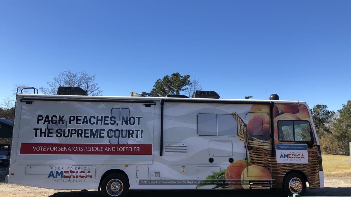 The bus being used for the Keep America America Action Fund's bus tour in Georgia. Keep America America Action Fund is just one of many groups on both sides hitting the pavement in the Peach State. (Keep America America Action Fund)