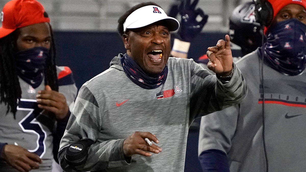 Arizona head coach Kevin Sumlin reacts to a call in a game against Colorado in Tucson on Dec. 5, 2020.