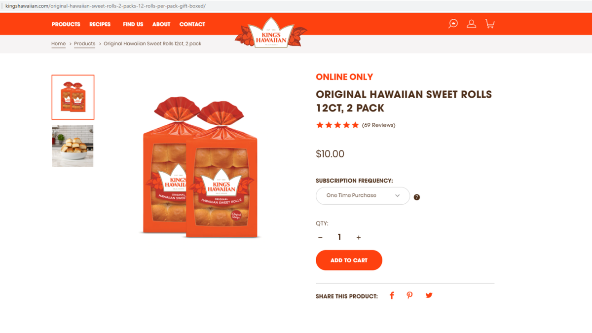 A 2-pack of 12 King's Hawaiian sweet rolls cost $10, according to a listing on its website. (King's Hawaiian)