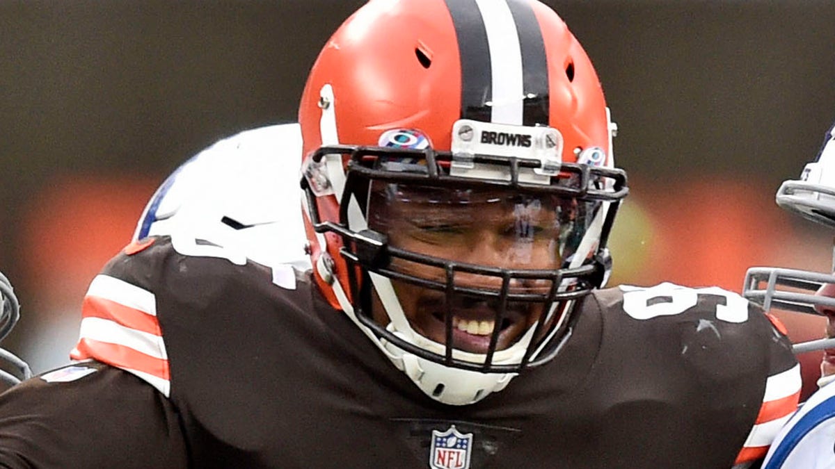 FCleveland Browns defensive end Myles Garrett (95) rushes the passer during the first half of an NFL football game against the Indianapolis Colts in Cleveland, in this Sunday, Oct. 11, 2020, file photo. (AP Photo/David Richard, File)