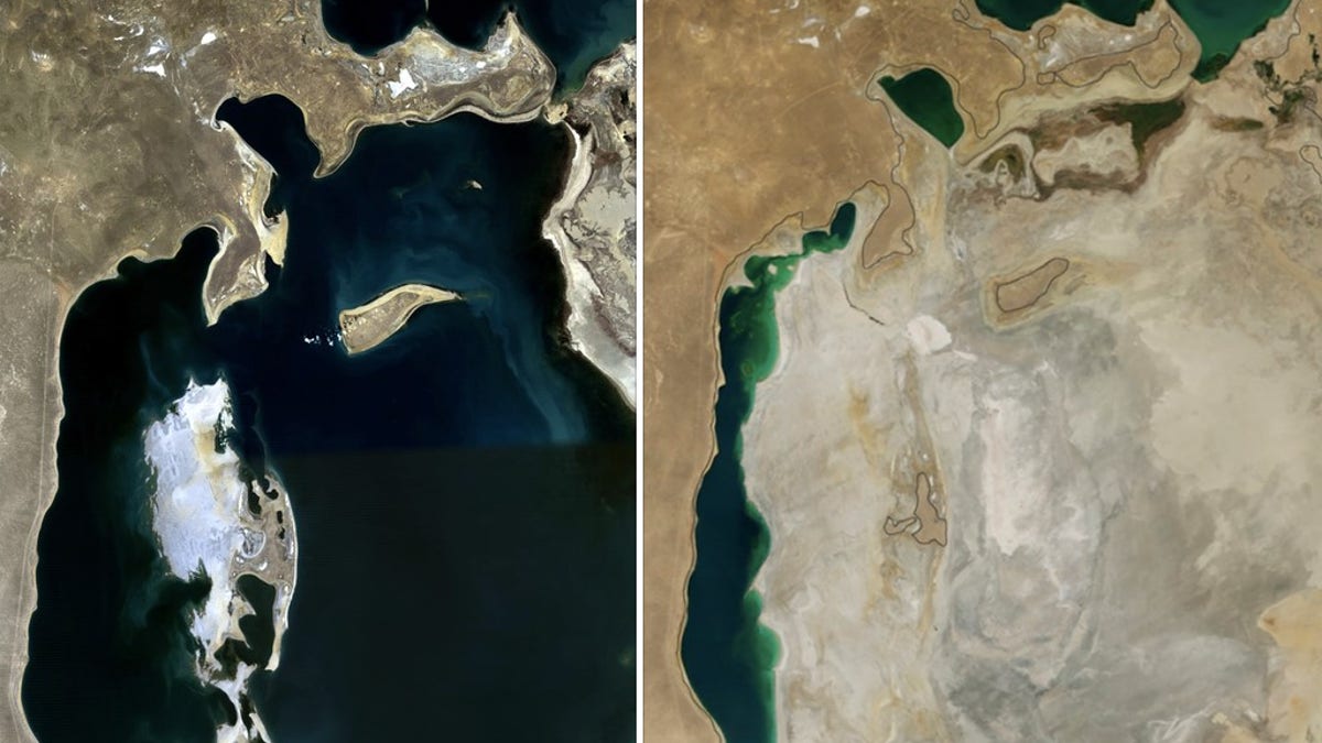 Side-by-side of Russia’s Aral Sea, once the fourth largest sea in the world, devastated by Soviet water diversion. The left image is from 1989, the right from 2014.