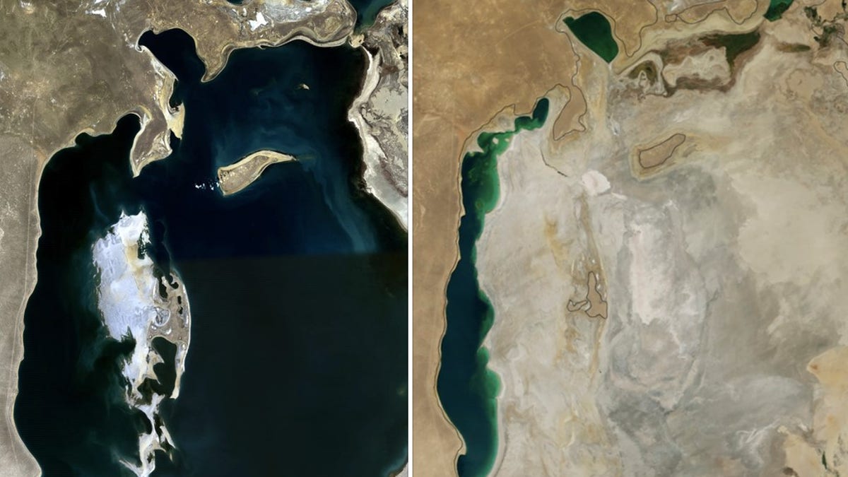 Side-by-side of Russia’s Aral Sea, once the fourth largest sea in the world, devastated by Soviet water diversion. The left image is from 1989, the right from 2014.