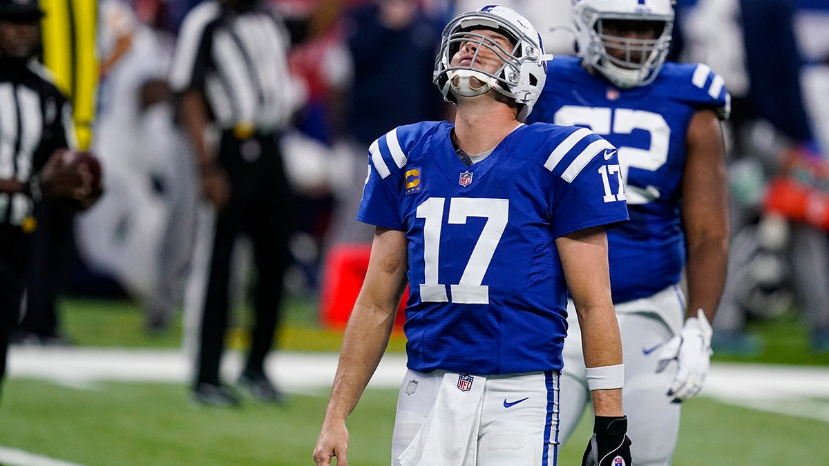 Indianapolis Colts quarterback Philip Rivers (17) reacts after throwing an incomplete pass against the Tennessee Titans in the second half of an NFL football game in Indianapolis, Sunday, Nov. 29, 2020. (AP Photo/Darron Cummings)