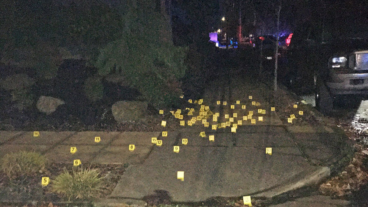 Bullets casings at a crime scene in Portland. Authorities reported nine shootings in a 16-hour span that began Tuesday night.?