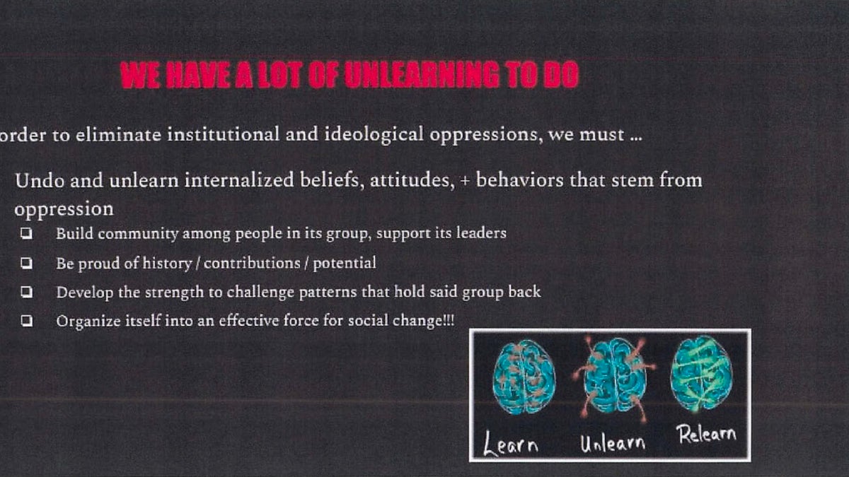 Democracy Prep class slide telling students they should unlearn and challenge beliefs that stem from oppression.