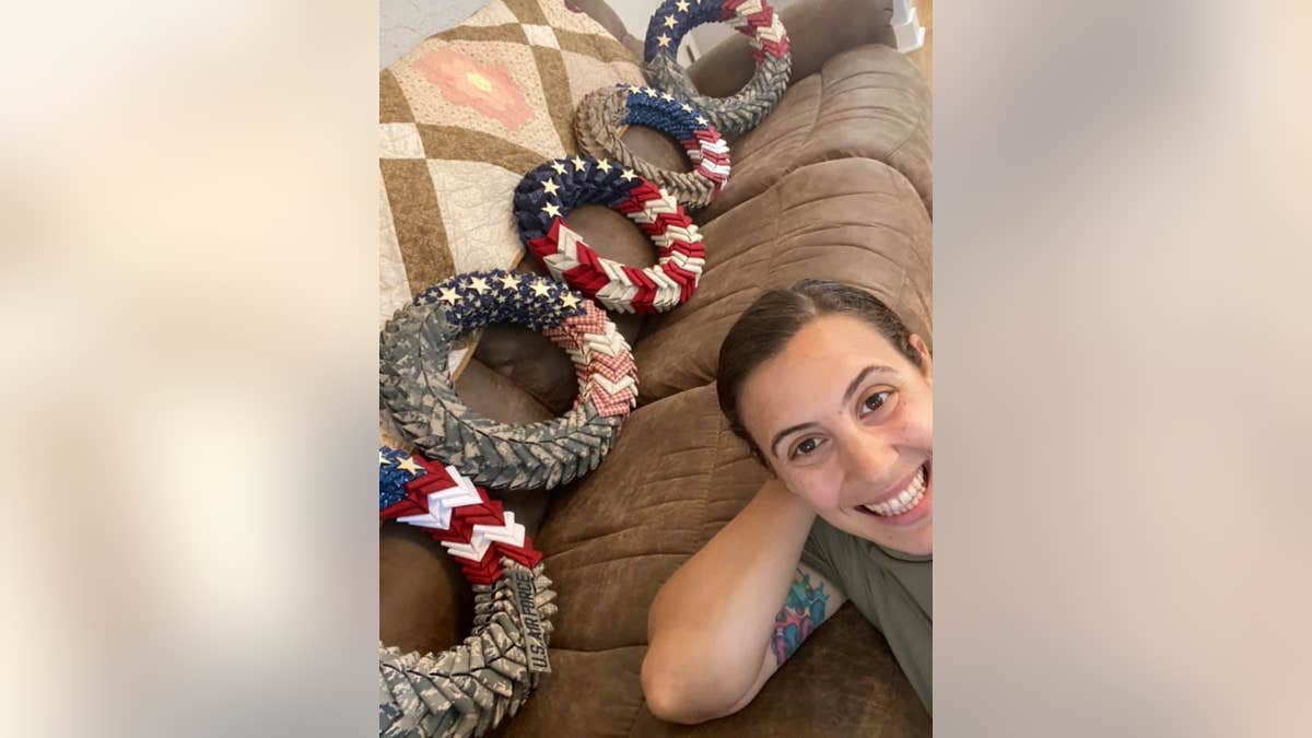 Staff Sergeant Nicole Pompei started making wreaths out of old military uniforms in July after she had to switch her Air Force uniform. (Courtesy of Wreaths by Nicole)