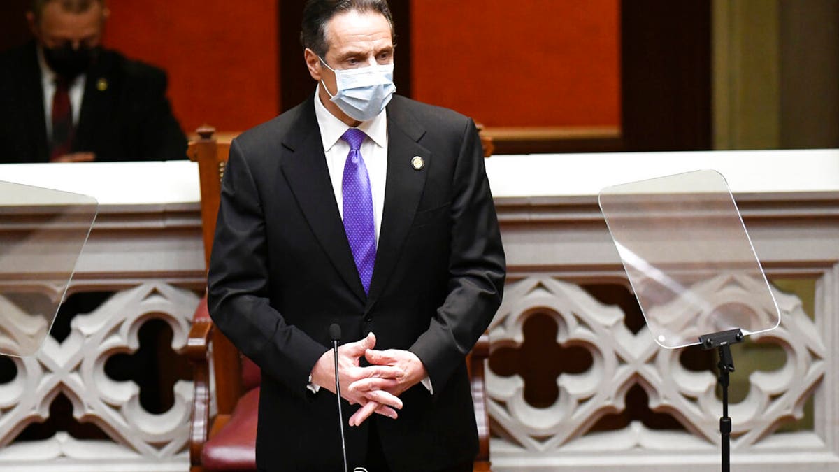 New York Gov. Andrew Cuomo speaks to members of New York state's Electoral College before voting for president and vice president in the Assembly Chamber at the state Capitol in Albany, N.Y., Monday, Dec. 14, 2020. (AP Photo/Hans Pennink, Pool)