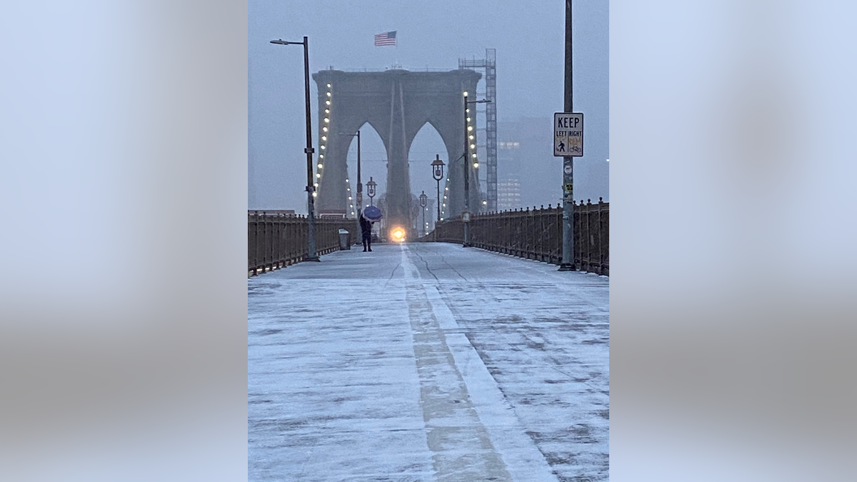 The Brooklyn Bridge in New York City during the season's first nor'easter snowstorm Dec. 16, 2020.