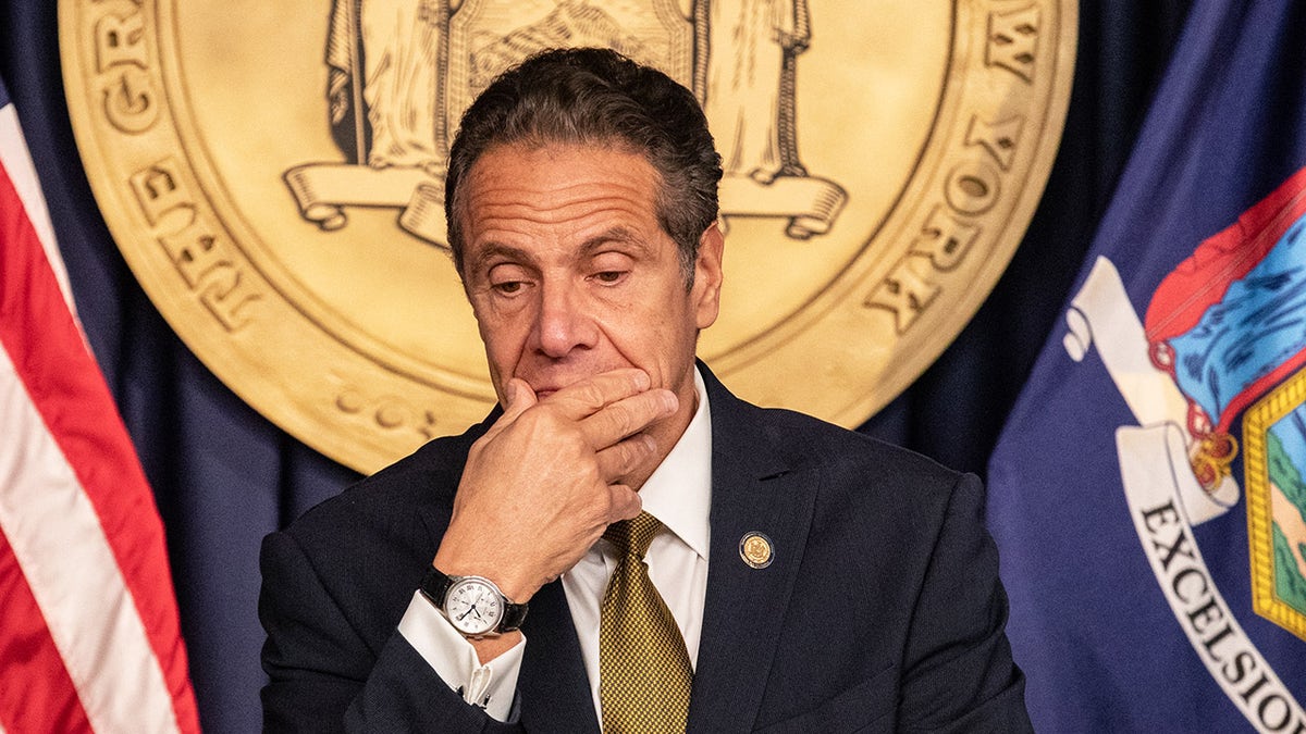 Andrew Cuomo, governor of New York, pauses while speaking during a news conference in New York, U.S., on Monday, Oct. 5, 2020. Photographer: Jeenah Moon/Bloomberg via Getty Images