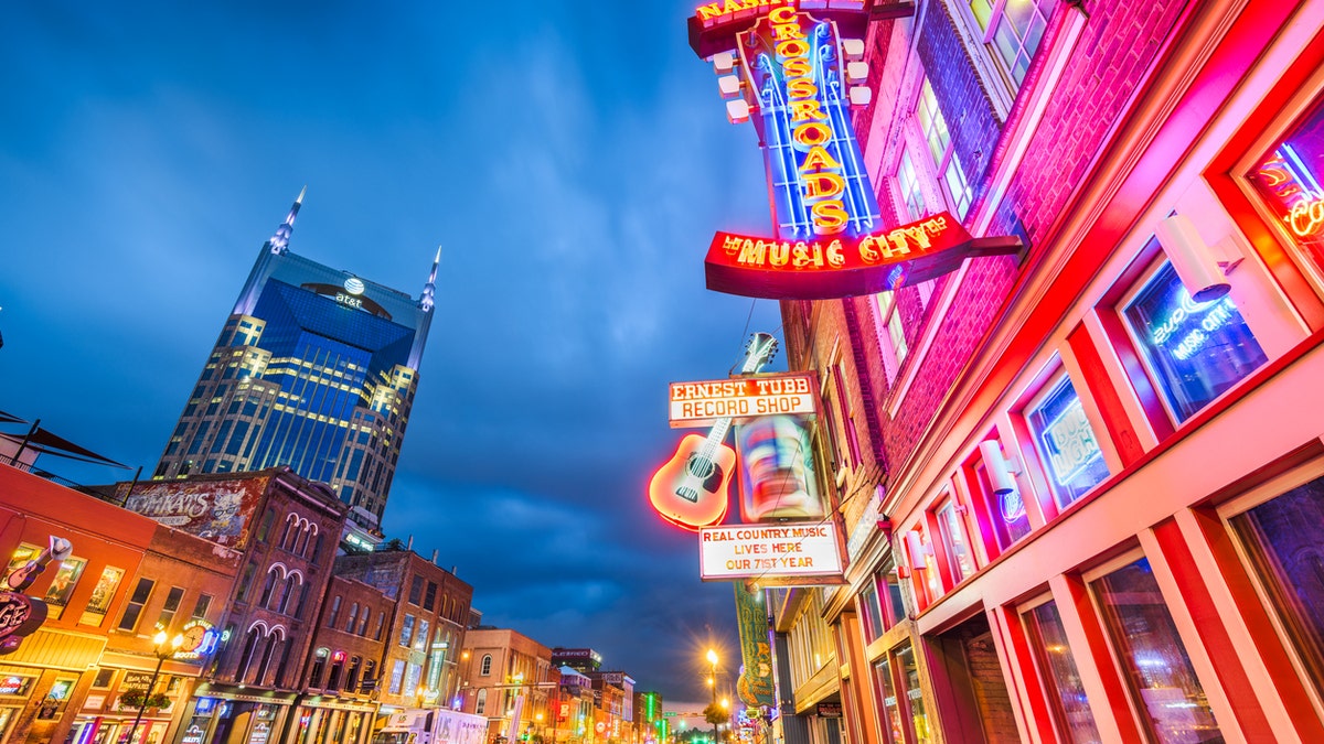 View of Lower Broadway at night