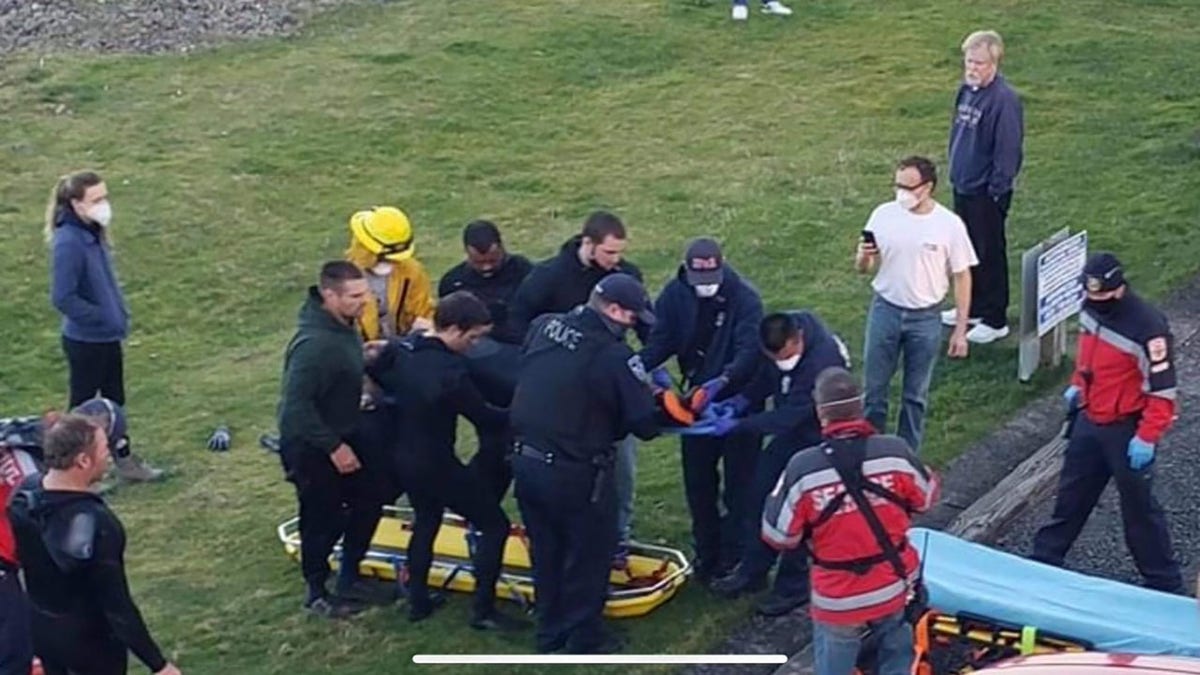 First responders found the adult male surfer being carried to the parking lot by fellow surfers with injuries to a lower leg, the statement said.