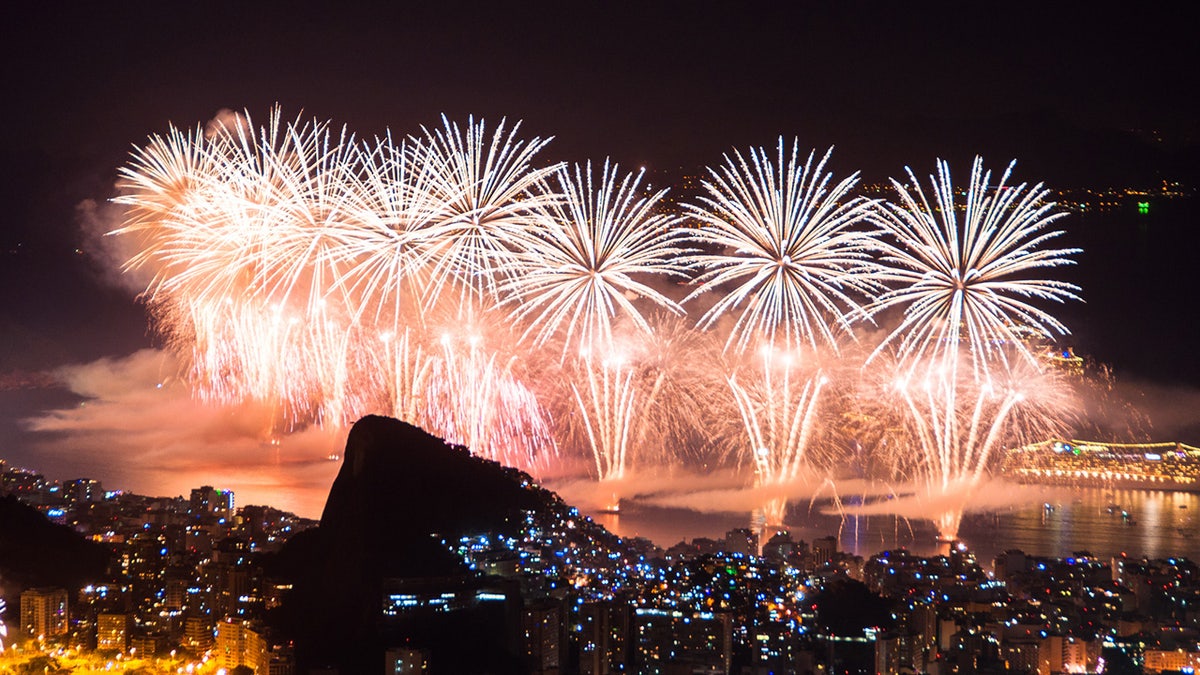 Rio de Janeiro, Brazil - December 31, 2015: Worlds famous New Year firework show at Copacabana Beach.