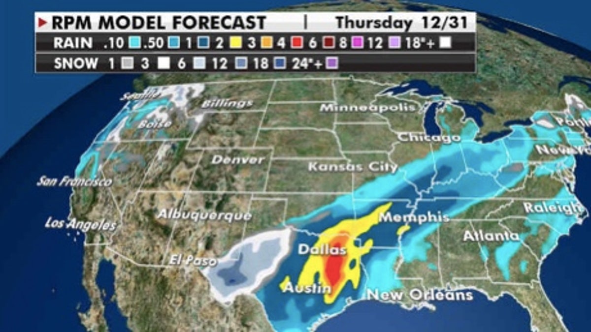 Predicted snow and rainfall totals through Thursday. (Fox News)