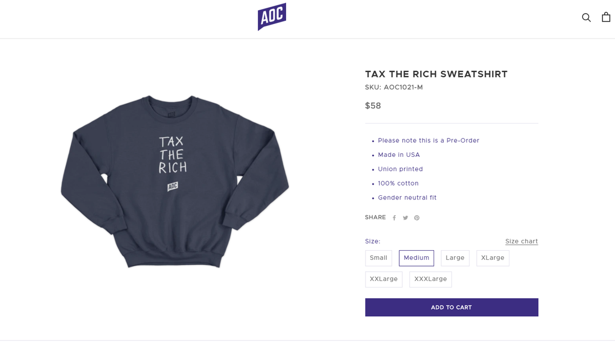 Rep. Alexandria Ocasio-Cortez, D-N.Y., is dealing with some online backlash over the $58 price tag on a "Tax the Rich" sweatshirt in her campaign shop. Screenshot
