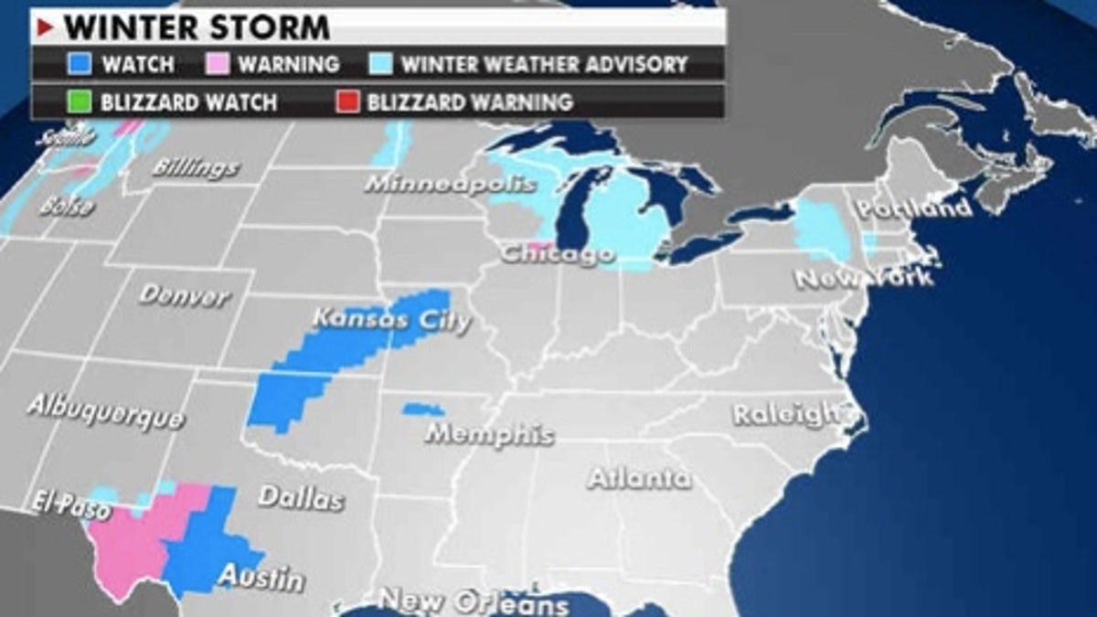 Winter storm watches, warnings and advisories in effect Wednesday. (Fox News)