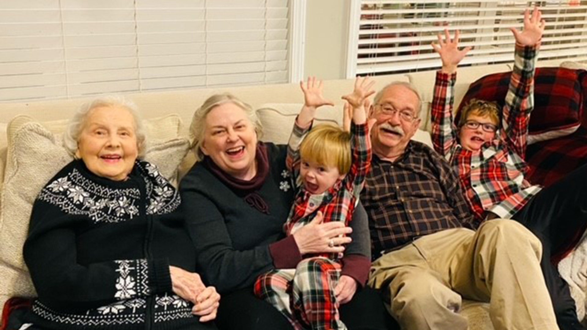Joy in Tennessee, ages 2 to almost 100 (in April). Thankful to be able to be together this Christmas.