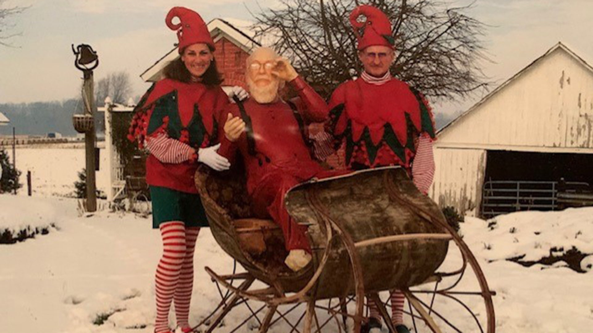 I made these elf outfits for my husband &amp; I while recovering from a knee surgery. Couldn’t wait until we got the sleigh down from the barn! We put the fiberglass Santa in sleigh &amp; took picture right after a snowfall. So fun!!