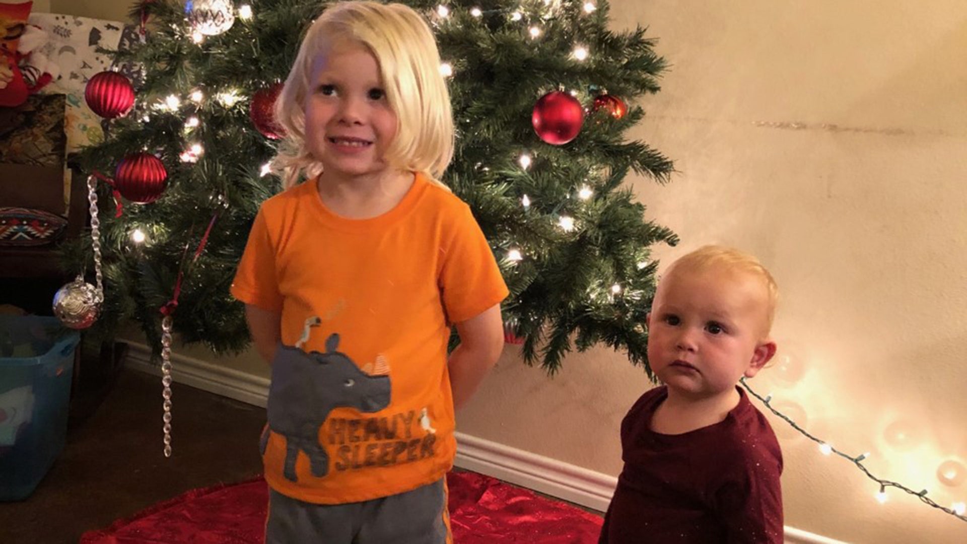 Grabs children standing by the tree after helping put all the Christmas ornaments